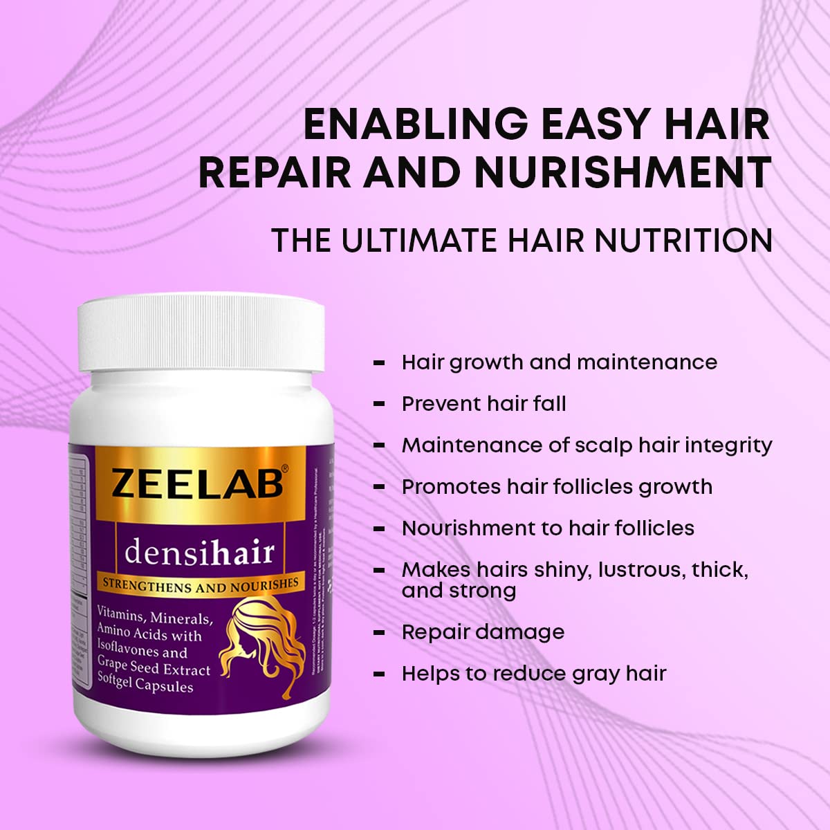 Zeelab densihair supplement bottle with text on a purple background