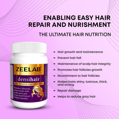 Zeelab densihair supplement bottle with text on a purple background