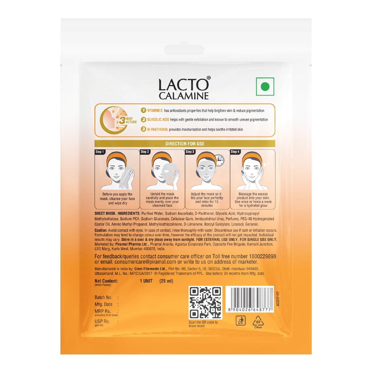Lacto Calamine Vitamin C Face Sheet Mask |Instant Hydration |Glycolic Acid & D-Panthenol|30 g