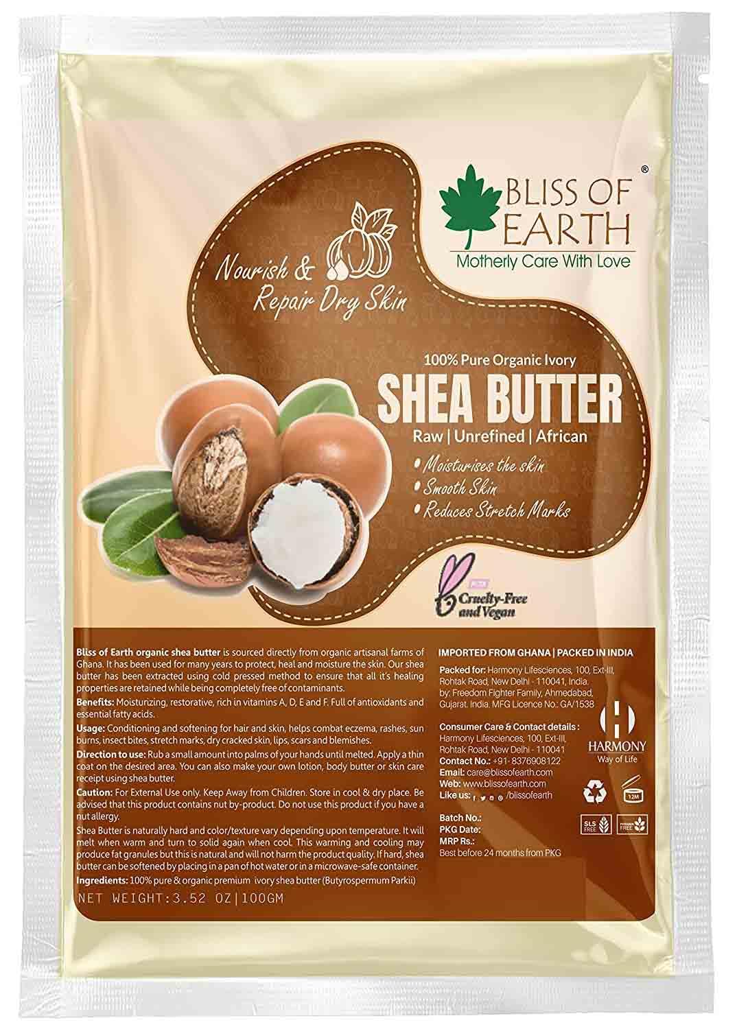 Bliss of Earth Organic Raw Shea Butter, 100% Raw and Unrefined Shea Butter, for Hair & Skin, 100% Pure and Natural, Deep Moisturizing, 100 g, Ivory (100 gm)