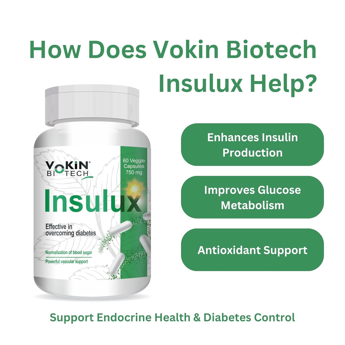 Vokin Biotech Insulux supplement bottle with benefits listed on a white background