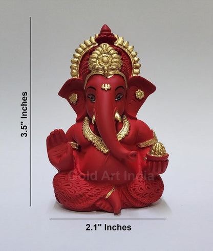 Gold Art India Mukut Ganesha Idol for Car Dashboard Maroon Red and Gold Small Ganesha Murti Ganpati Idol for Home Decor Puja Lord Ganesh Statue Gift for Office Desk Puja Room Figurine,5.1x5.1 Cm