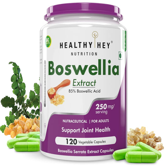 Boswellia Extract supplement container with capsules and plant imagery on a white background