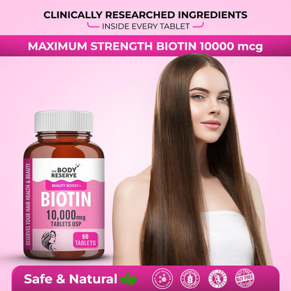 Biotin supplement bottle with a woman having long hair on a pink background