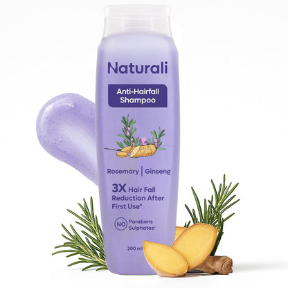 Purple bottle of Naturali Anti-Hairfall Shampoo with rosemary and ginseng on a white background