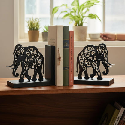 eCraftIndia Wooden Book End with Elephant Showpiece for Home Decor Office Table | Gift for Housewarming Birthday