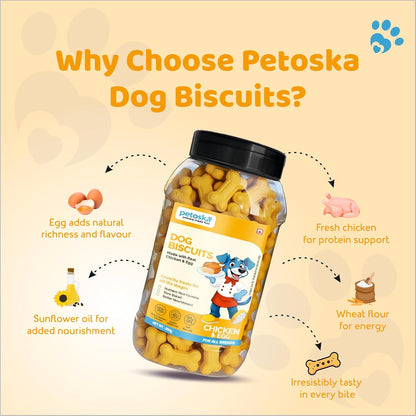 Petoska Chicken & Egg Dog Biscuits | 500g Jar | Made with Real Chicken & Egg | Crunchy Treats for Small, Medium & Large Dogs | 300 kcal/100g | Complementary Dog Food