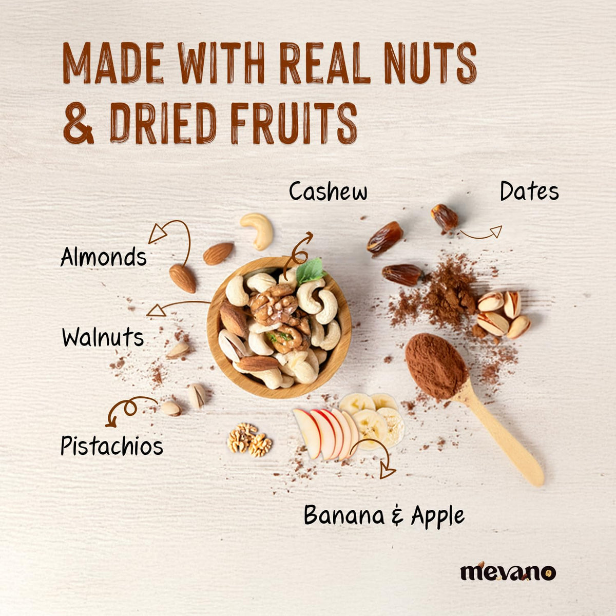 Mevano 7 Nuts Nutrition Drink Powder for Kids 3-10 age, 150g | Refined SUGAR FREE, 22% Protein, All Natural | 7 Nuts & Dry Fruits Powder - Badam, Cashew, Walnut, Pista, Date | Chocolate Milk Mix