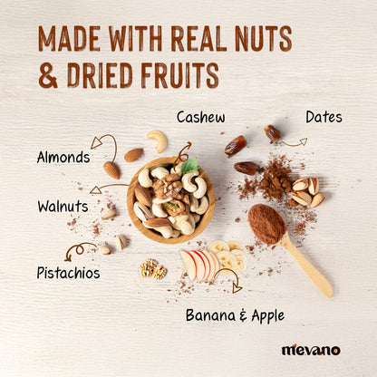 Mevano 7 Nuts Nutrition Drink Powder for Kids 3-10 age, 150g | Refined SUGAR FREE, 22% Protein, All Natural | 7 Nuts & Dry Fruits Powder - Badam, Cashew, Walnut, Pista, Date | Chocolate Milk Mix