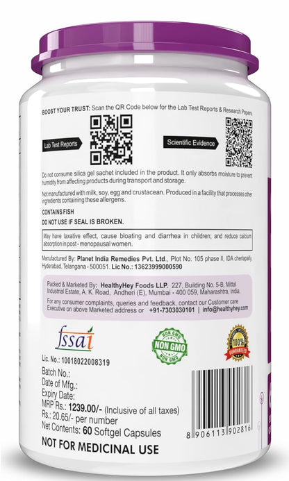 Supplement container with purple lid and various labels on a white background