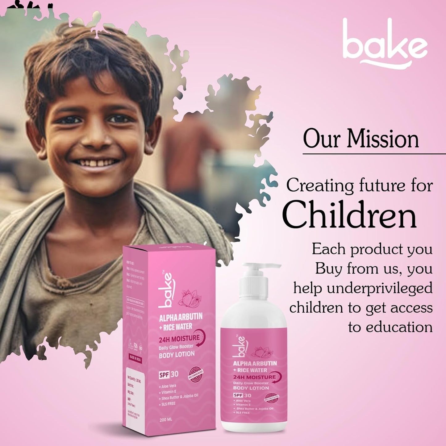 BAKE Alpha Arbutin Rice Water Body Lotion SPF 30 PA+++ for Pigmented & Tanned Skin | For Uneven Skin Tone, Tan Removal & Pigmentation | For Women & Men | 200ml