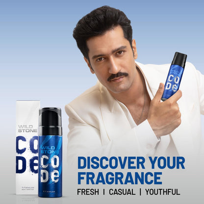 Man holding Wild Stone deodorant with product packaging on a blue background
