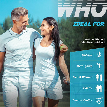 Man and woman walking outdoors with promotional text about health benefits on a blue background