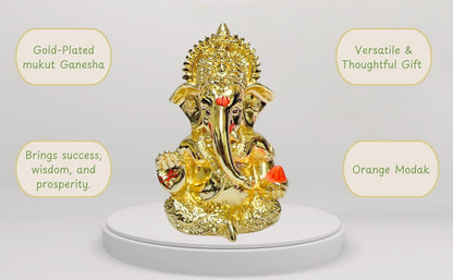 Gold Art India Mukut Ganesha Gold Plated l Ganesh Idol for Car Dashboard | Ganapati Murti for Home Decor | Vinayaka Statute for Puja & Gift 3.2" (GOLDPLATEDMUKUT)