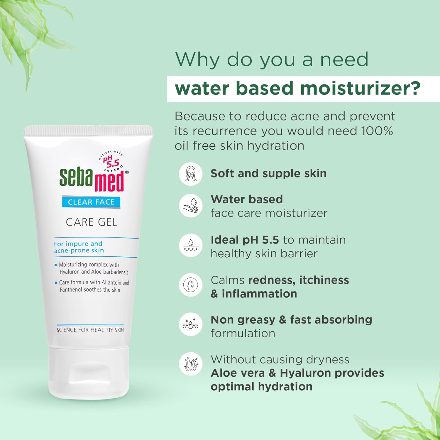 Sebamed Clear Face Care Gel tube with text on a light green background