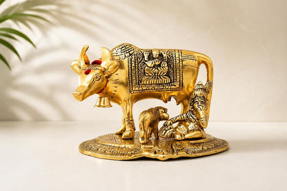 KridayKraft Kamdhenu Cow with Calf & Bal Gopal Krishna Idol, 19 cm Metal Gau MATA Statue for Home Mandir, Pooja Room, Vastu & Religious Gifting, Antique Gold Finish, 910 g