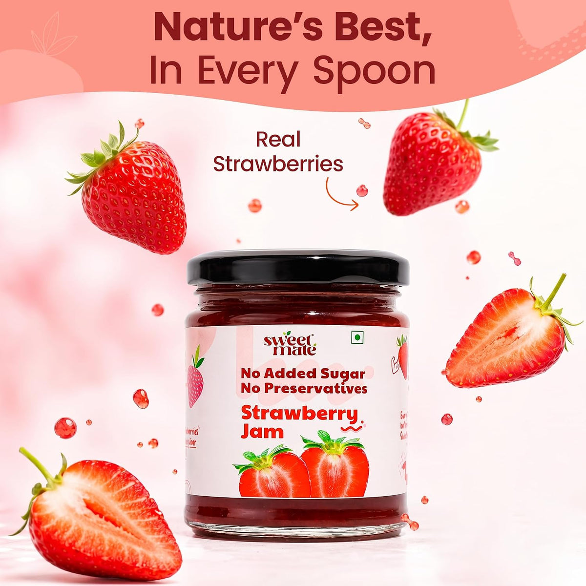 Sweetmate Strawberry Jam - 220g | No Added Sugar | 100% Pure Fruit Pulp & Healthy Fiber | No Preservatives, Colors & Artificial Flavors | Diabetic & Keto Friendly Jam