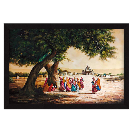 Indian Village Framed Wall Art Painting, Wall decor for living room, Multicolor, Nature, 12 X 18 inches, Set of 1