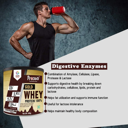 Pro360 Gold Whey Protein - Chocolate - (100% Whey Protein with Digestive Enzymes, 23g Protein, 5.97g BCAA, 4.7g Glutamic Acid per Serving) (400g pack)