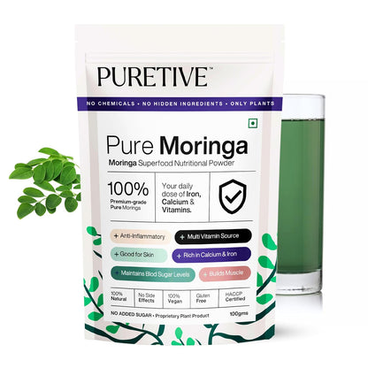 Pure Moringa powder package with a glass of green juice on a white background