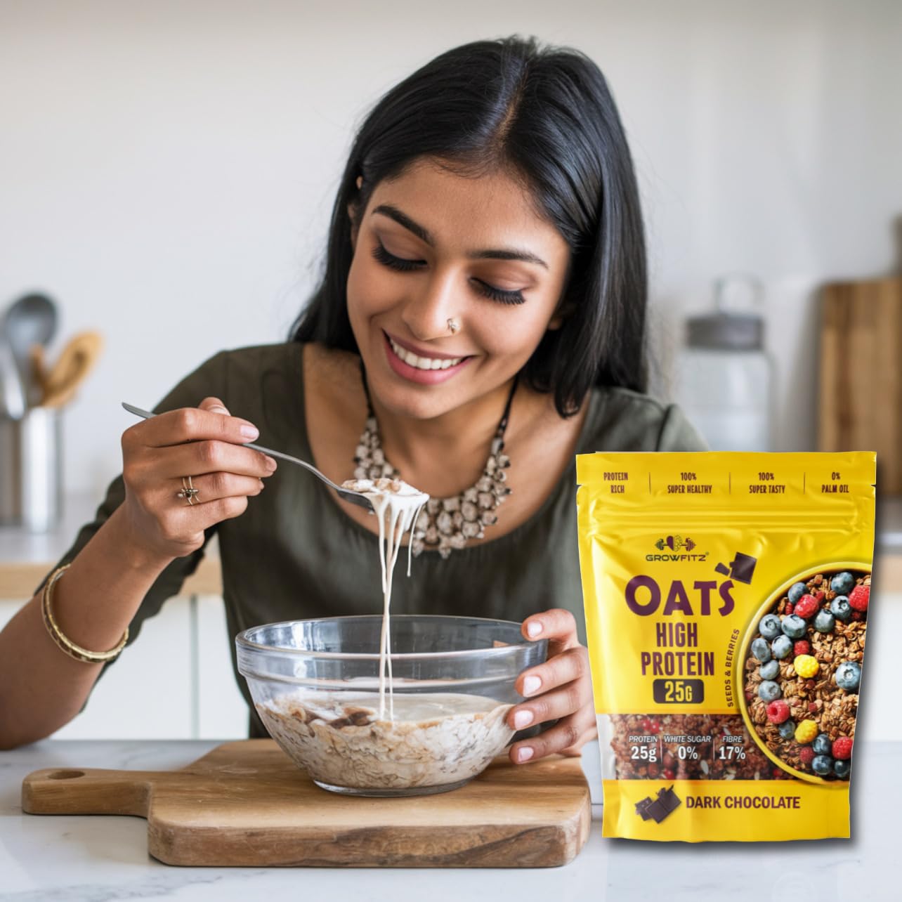 Growfitz 25g High Protein Oats 800 Gram, Pack of 1 | Dark Chocolate Oatmeal | 17g Fiber, No Sugar, With Almonds, Raisin, Pumpkin and Chia Seeds & Healthy Fats | Super Rolled Oats | Breakfast Cereals