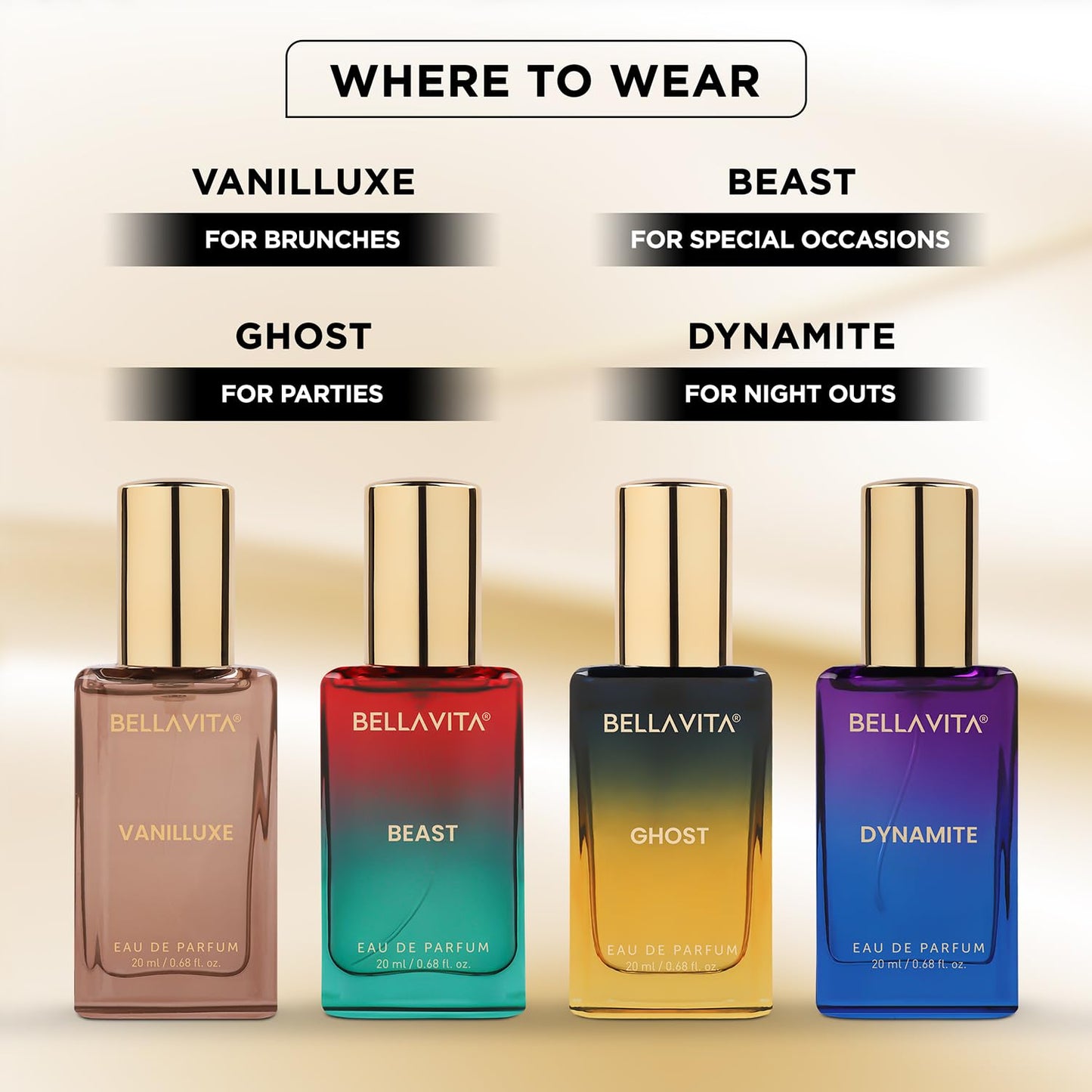 Four Bellavita perfume bottles with color-themed labels and descriptions on a beige background.