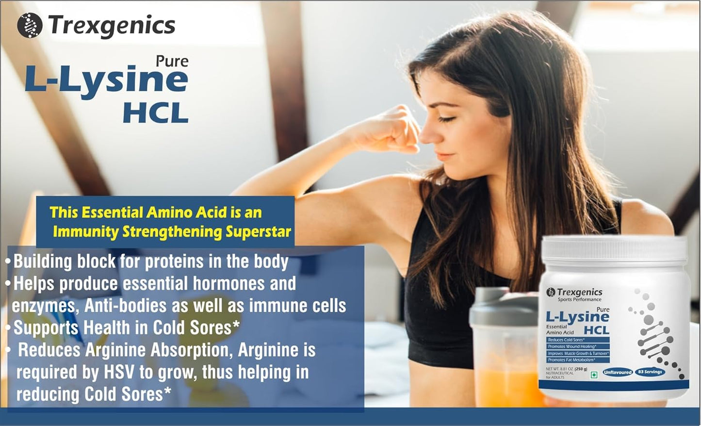 Trexgenics L-LYSINE HCL PURE POWDER Essential amino acid Cold Sores, Immunity, Muscle Mass, Skin, Hair Support 83 Servings (250 GRAM)