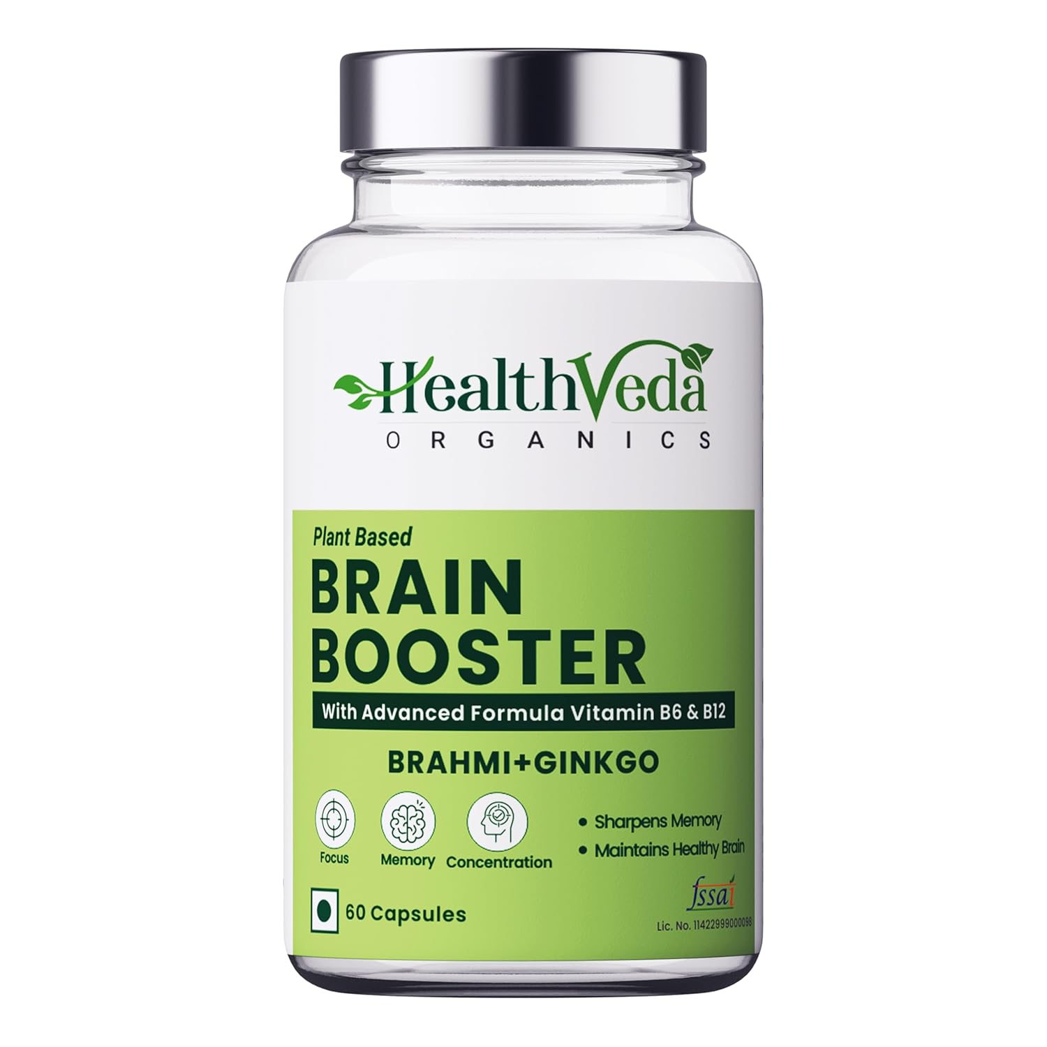 Zephivo HEALTH VEDA ORGANICS PRIVATE LIMITED Plant Based Brain Booster With Ginkgo Biloba & Brahmi I 60 Veg Capsules I Boosts Concentration & Learning Activities