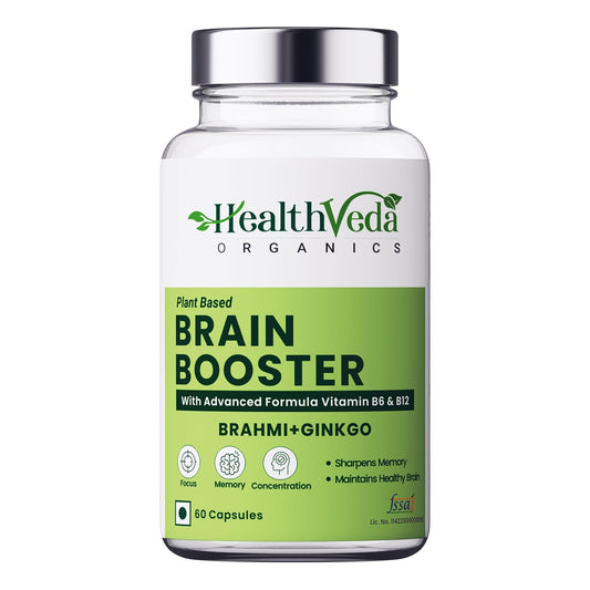 Zephivo HEALTH VEDA ORGANICS PRIVATE LIMITED Plant Based Brain Booster With Ginkgo Biloba & Brahmi I 60 Veg Capsules I Boosts Concentration & Learning Activities