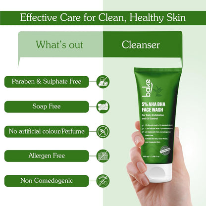 BAKE 5% AHA BHA Face Wash with 1.5% Salicylic Acid, 2% Glycolic Acid & 1% Mandelic Acid for Open Pores, Acne & Dark Spots | For Oily Acne Prone Skin | Daily Exfoliation & Oil Control - 100ml