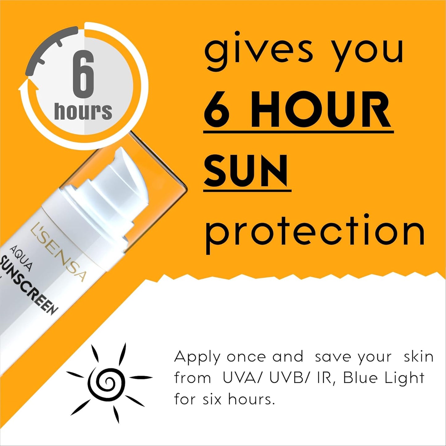 Sunscreen bottle with text highlighting 6-hour sun protection on an orange background