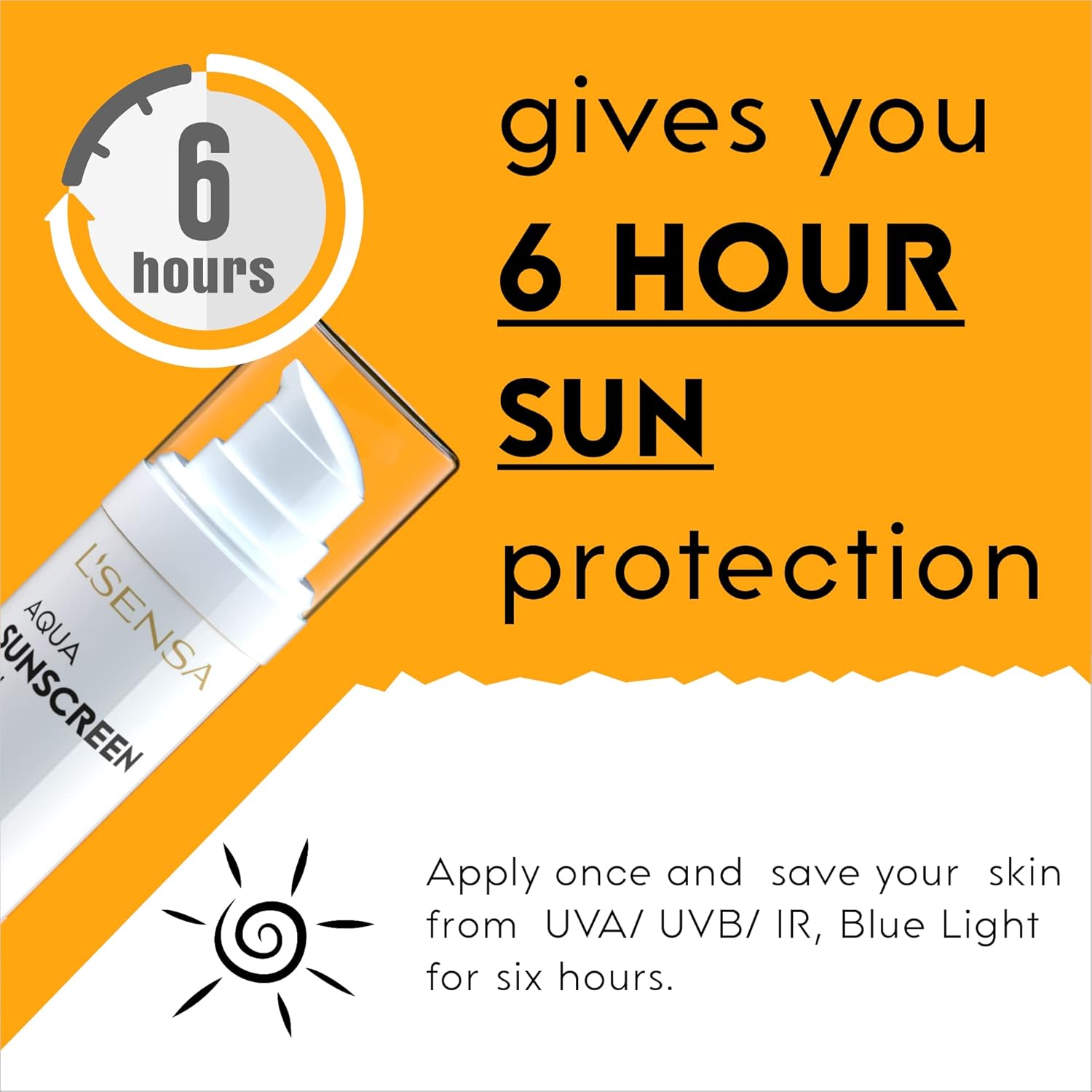 Sunscreen bottle with text highlighting 6-hour sun protection on an orange background