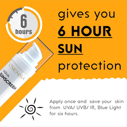 Sunscreen bottle with text highlighting 6-hour sun protection on an orange background
