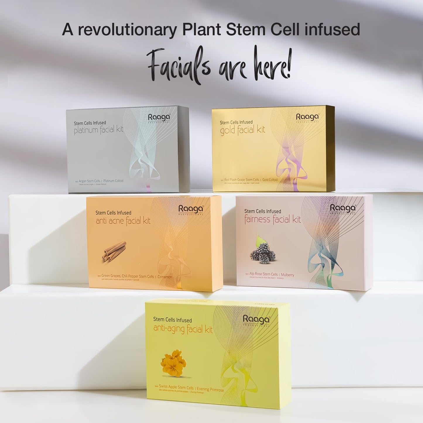 Raaga Professional Stem Cells Infused Platinum 6 Step Facial Kit | Platinum Colloid, Argan Stem Cells | Restores Skin's Moisture | All Skin Types (61 gm)