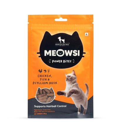 Meowsi by HUFT Power Bites Cat Treats – Chicken, Fish & Psyllium Husk – 50 gm | Healthy Treats for Cats & Kittens | Supports Digestion | for Persian Cats & All Breeds | Crunchy Bites