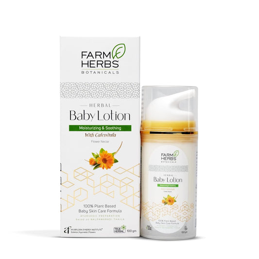 Farmherbs 100% Herbal All Natural Gentle Baby Lotion - Moisturizing and Soothing, pH-Balanced, Non-greasy and Fast absorbing, Based on Nalpamaradi Thaila, Botanical Hyaluronic Acid, Vitamin E, Aloe Vera 100% Safe lotion for Newborn Baby - 100g