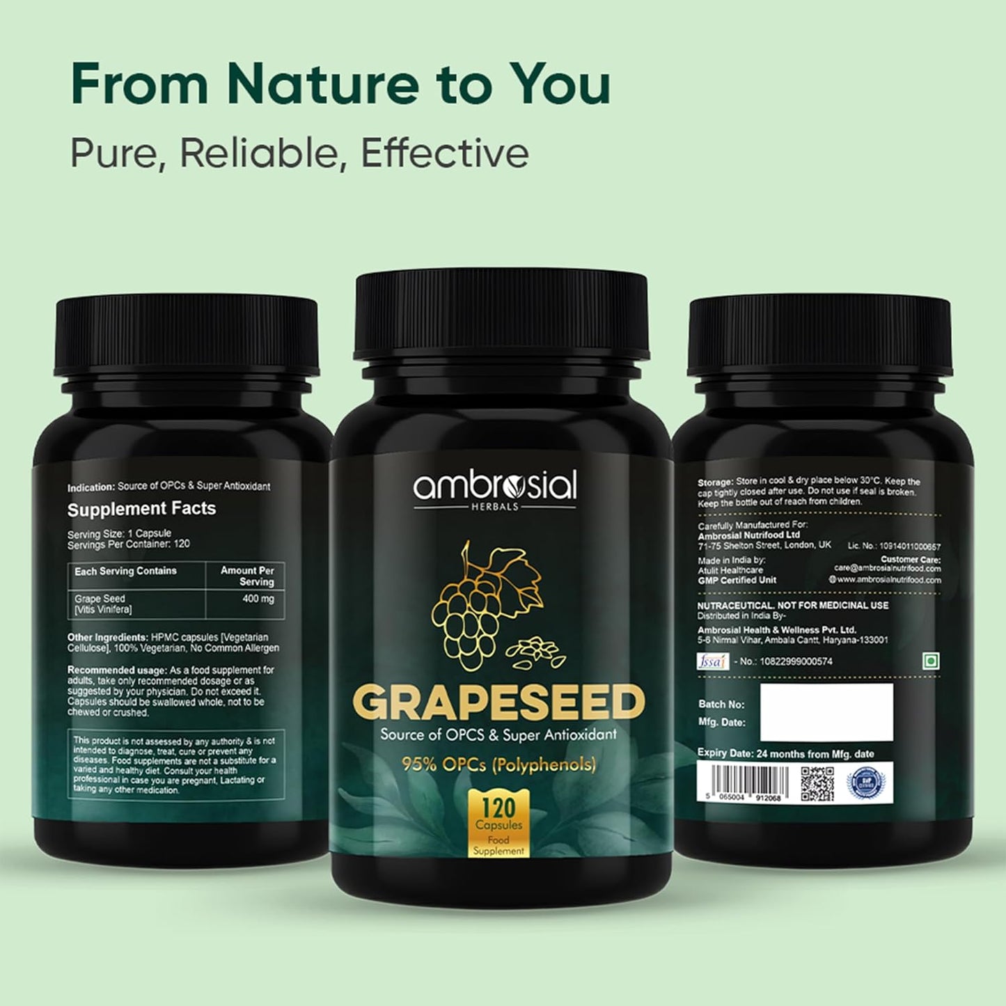 Three black bottles of ambrosial Grapeseed supplement on a light green background with text 'From Nature to You'.