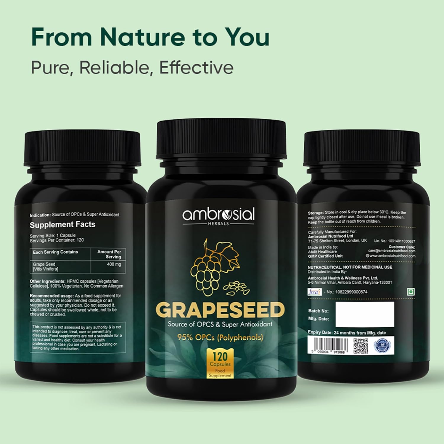 Three black bottles of ambrosial Grapeseed supplement on a light green background with text 'From Nature to You'.