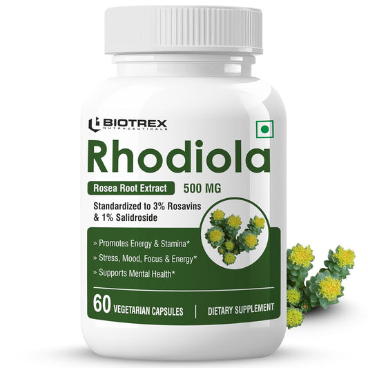 Biotrex Nutraceuticals Rhodiola 500mg Supplement | Adaptogenic Natural Herb | Relaxation & Cognitive Wellbeing | Enhances Resilience, Sleep & Focus | Healthy Stamina | Non-GMO | 60 Veg Capsules