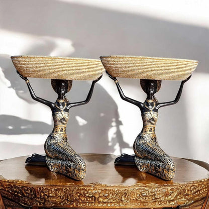 Polyresin African Lady Idol Pair for Home Decor | Tribal Woman Holding Basket Bowl Showpiece | Modern Art Table Accent | 20x15x23 cm | Regular Quality