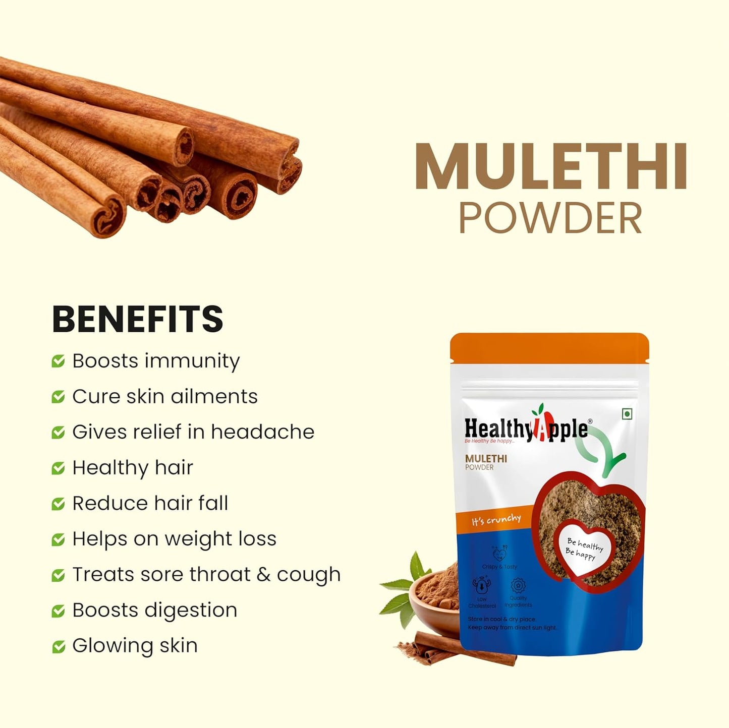 Healthy Apple Organic Liquorice/Mulethi Powder/Athimathuram Powder for Skin Whitening and Hair - 100Gm