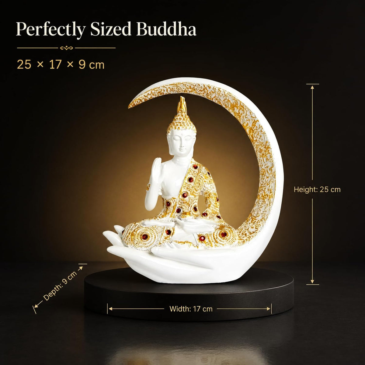 10 Inches 3D Resin Lucky White Crescent Moon Meditating Buddha Statue | Lord Gautam Buddha Idol for Home Decor, Living Room, Office & Gifting