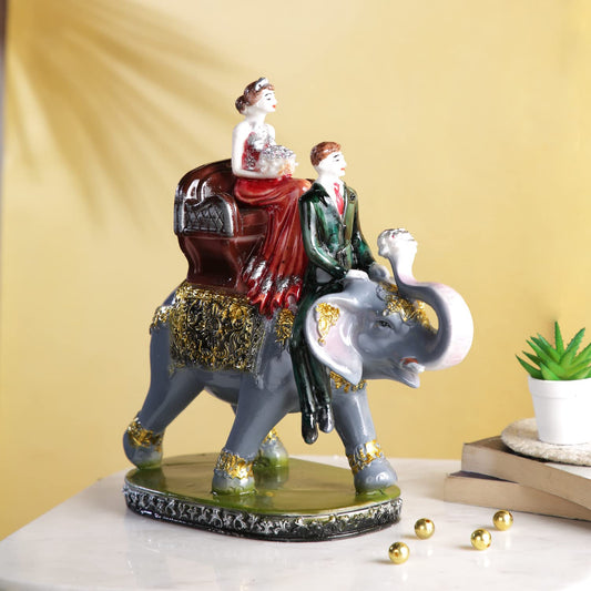 Love Couple Sitting on Elephant Statue Showpiece for Valentine Day, Couple Sculpture Figurine Gift for Home Decor, Table Top, Couple, (7.5x4.8x10.5 Inches), Multicolor