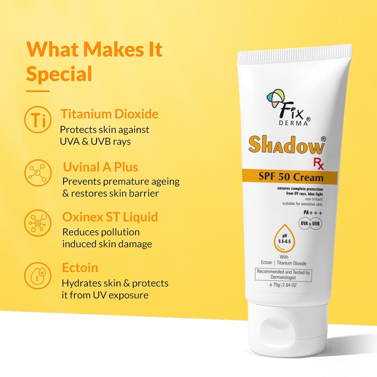 Fixderma Shadow Sunscreen SPF 50 Cream For Sensitive Skin, Protects the Skin from UV Rays, Blue Light, Pollution, Premature Aging & Sunburn, Long-Lasting, Non Greasy, Sunscreen for Women & Men - 75gm