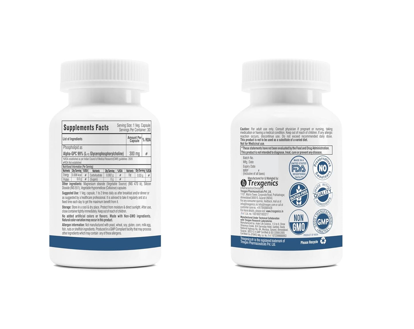 Trexgenics ALPHA-GPC 300 mg L-α-Glycerophosphorylcholine Cognitive Function, Brain Health Support (30 Veg Capsules)