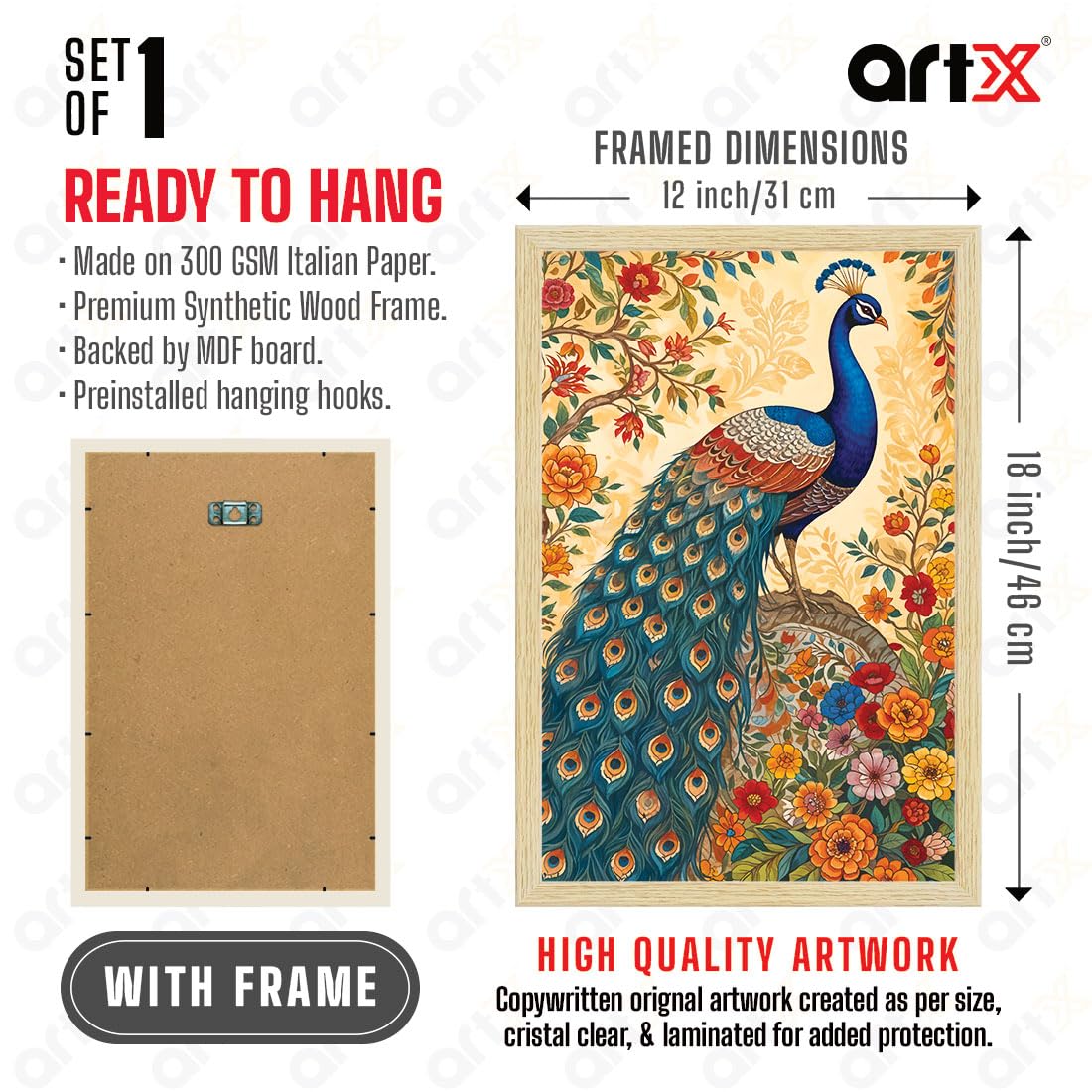 Peacock Painting For Wall Vastu with Frame for Home Decoration, Madhubani Painting for Living Room, 12.0 X 18.0 inches, Set Of 1