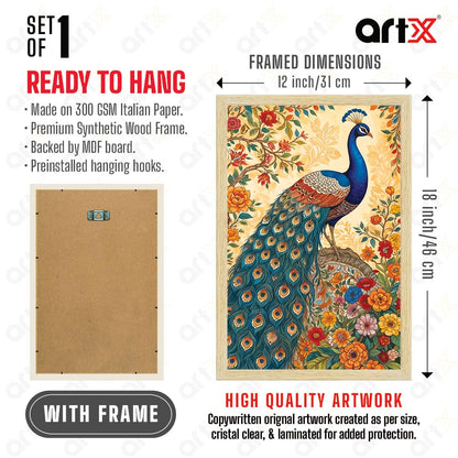 Peacock Painting For Wall Vastu with Frame for Home Decoration, Madhubani Painting for Living Room, 12.0 X 18.0 inches, Set Of 1
