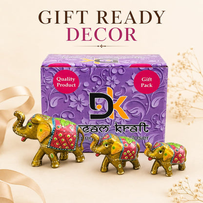DreamKraft Paper Mache Elephant Showpiece, Yellow, Set of 3