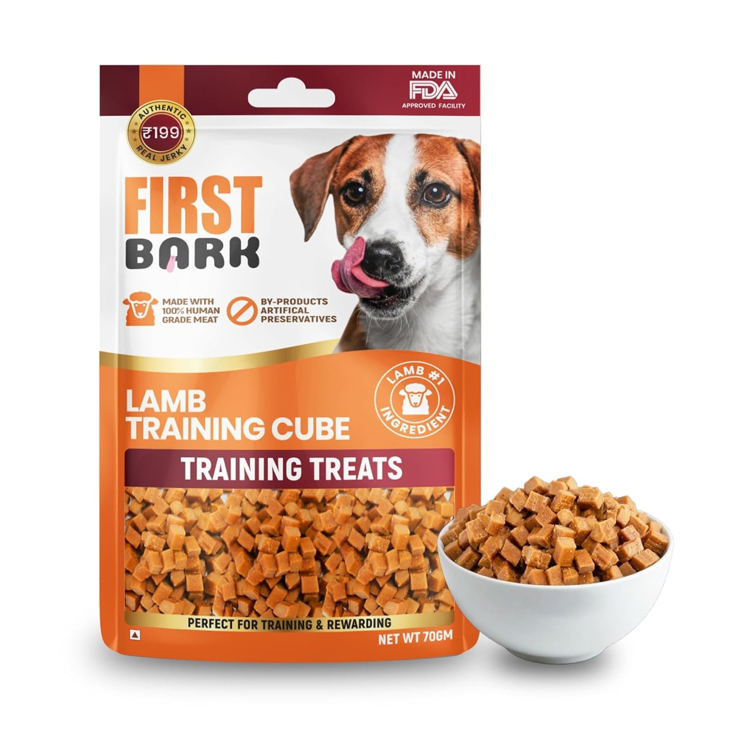 First Bark Dog Treats for Adult Dog & Puppy – Training Treats Bite-Sized Lamb Jerky for Dogs, Small Dogs & Shih Tzu | Puppy Treats & Dog Snacks –Lamb Training Cubes (70g) x1