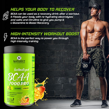 Naturyz BCAA 7000 Pro supplement with a muscular man holding a kettlebell against a dark brick wall.
